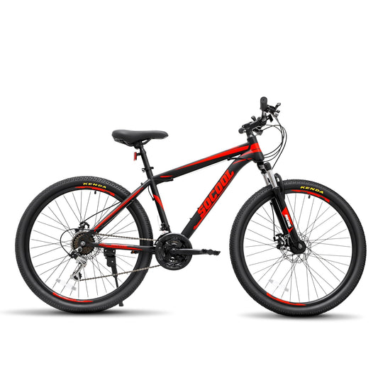 26 MTB Mountain Bike, Stainless Steel Frame, 17 Frame, Suspension Fork and Dual Disc Brake, Hardtail Bicycle for Mens Womens, 21 Speed Shimano -Black & Red